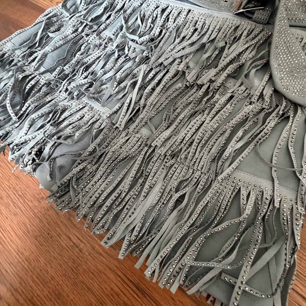 Nylon Apparel Fringe Skirt with Rhinestones Slate Blue Coastal Cowgirl Festival - Picture 3 of 9